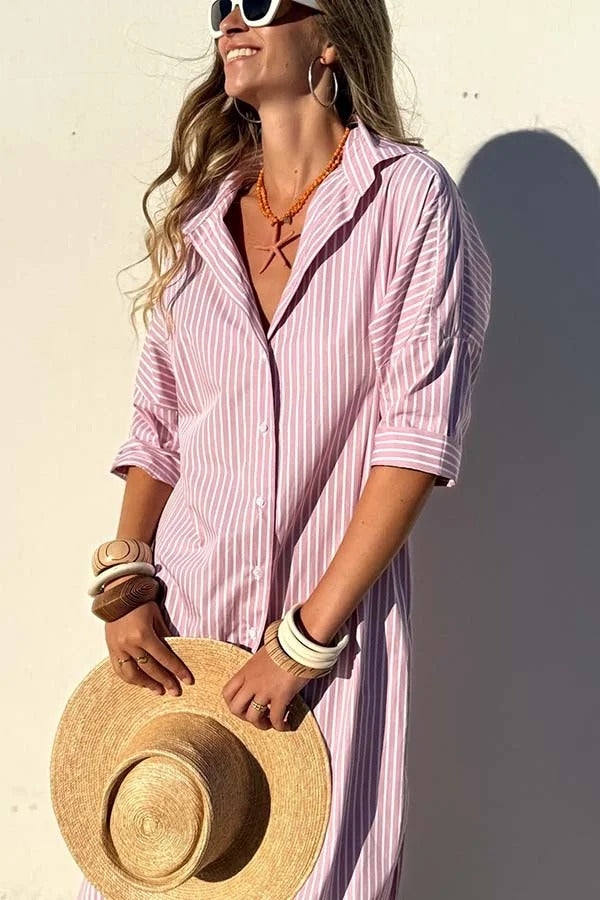 All-match Striped Button Up Half Sleeve Belted Pocket Shirt Midi Dress