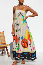 Tie Back Cut Out Graffiti Print Flowy Maxi Cami Dress