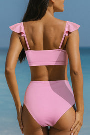 Bandeau Ruffle High Waist Light Pink Bikini Set