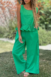 Cotton And Linen Solid Color Sleeveless Top & Wide Leg Pants Two-Piece Set