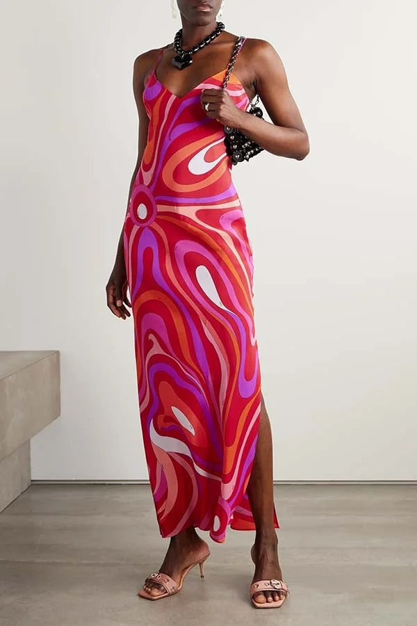 Sunny Horizon Unique Print V-neck Slit Slip Maxi Dress