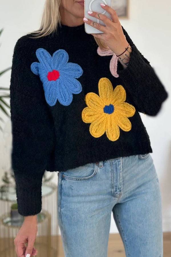 Sun Kissed Knit Colorful Floral Turtleneck Pullover Sweater