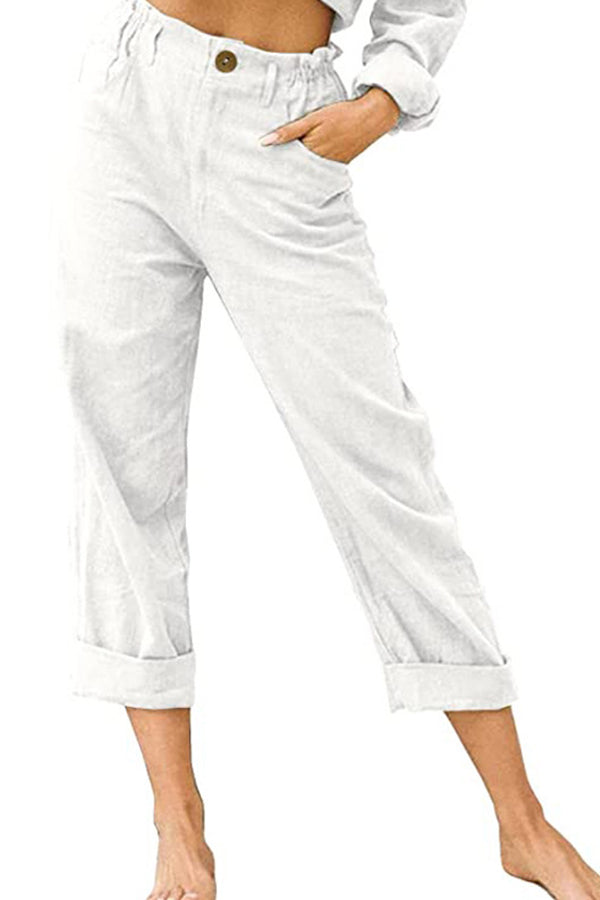 Solid color cotton and linen fashionable loose high waist casual pants