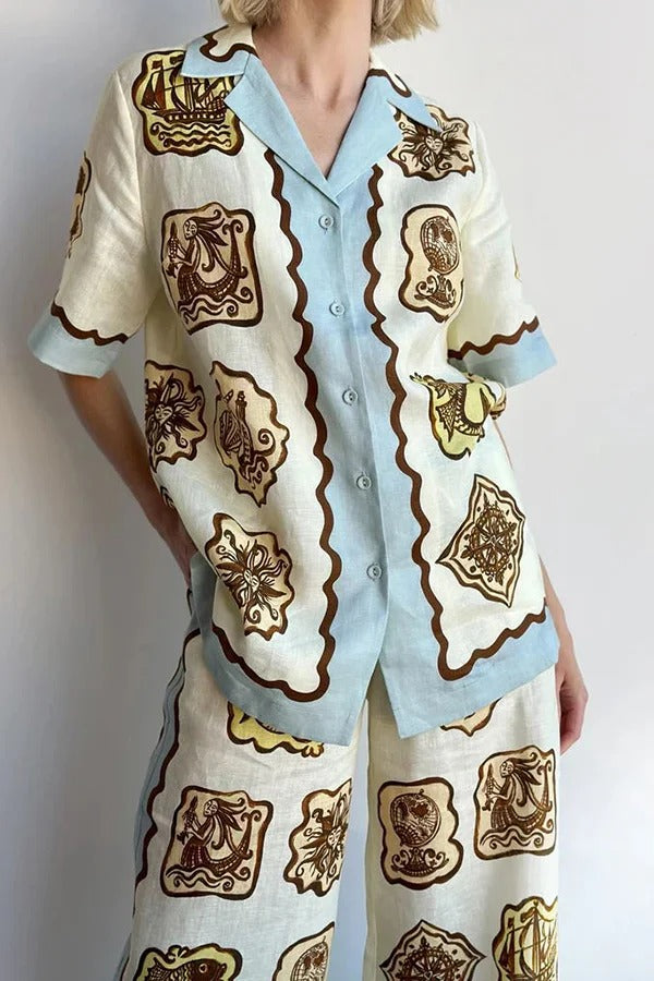 Lakeside Breeze Linen Blend Unique Print Short Sleeve Button Oversized Blouse