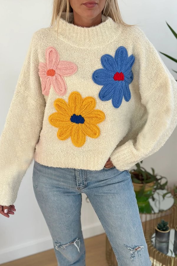 Sun Kissed Knit Colorful Floral Turtleneck Pullover Sweater