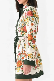 Botanical Floral Print Tie-waist Long-sleeved Single-breasted Mini Dress