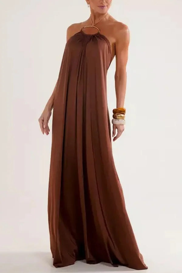 Ocean Goddess Metal Circular Chain Halter Backless Vacation A-line Maxi Dress