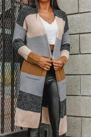 Knitted Color Block Open Front Long Cardigan