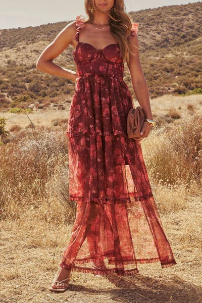 Reina Tiered Mesh Floral Maxi Dress