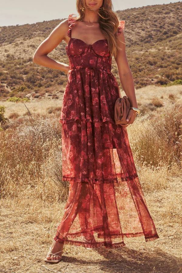Reina Tiered Mesh Floral Maxi Dress