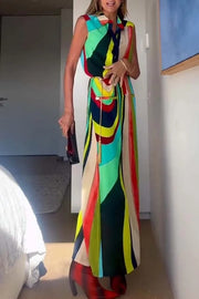 Bold and Elegant Colorful Print Button Up Pocket Shirt Slit H-line Maxi Dress