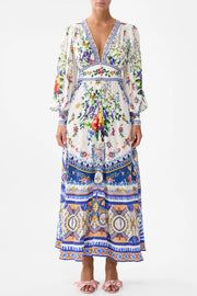 Printed V-neck Long-sleeved Puff Sleeve Waist Maxi Dress