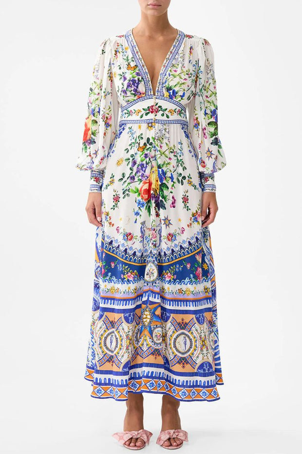 Printed V-neck Long-sleeved Puff Sleeve Waist Maxi Dress