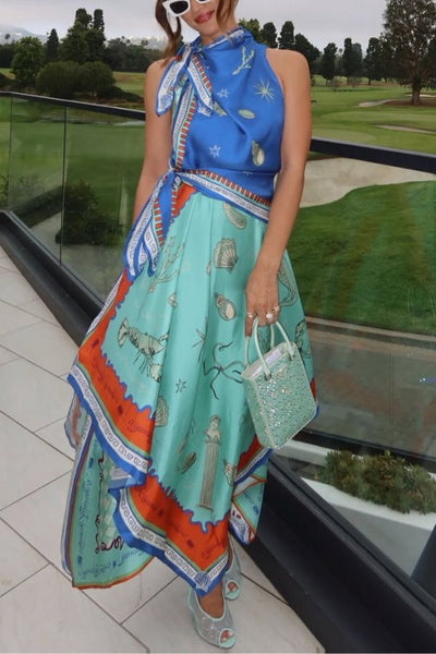 Surrealist Summer Satin Unique Print Tie-up Details Layered Hem Scarf Maxi Dress