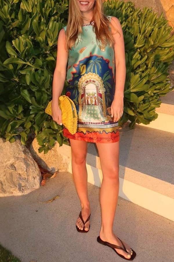 Round Neck Graffiti Satin Miniskirt Dress