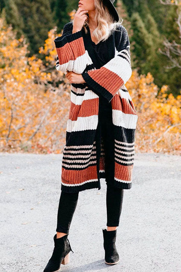 Pocketed Color Block Striped Chunky Knit Midi Cardigan