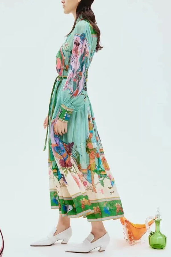 Staying In Capri Unique Print Balloon Sleeve Belt Shirt Midi Dress