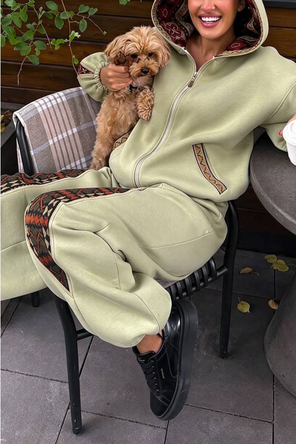 Ethnic-style Print Patchwork Zip Long Sleeve Hoodie and Elastic Waist Pocket Jogger Set