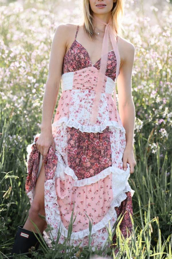 Floral Patchwork Ruffle Cami Maxi Dress