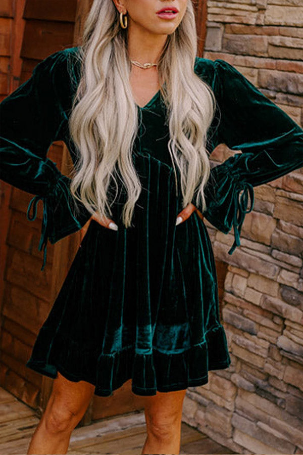 Blackish Green V Neck Lace Up Sleeve Ruffled Velvet Dress