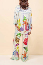 Dream Ocean Satin Unique Print Button Down Pocket Oversized Blouse