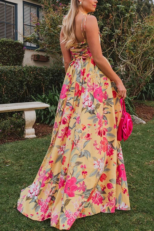 Garden Wedding Floral Print Back Tie-up Pocketed Slit Maxi Dress