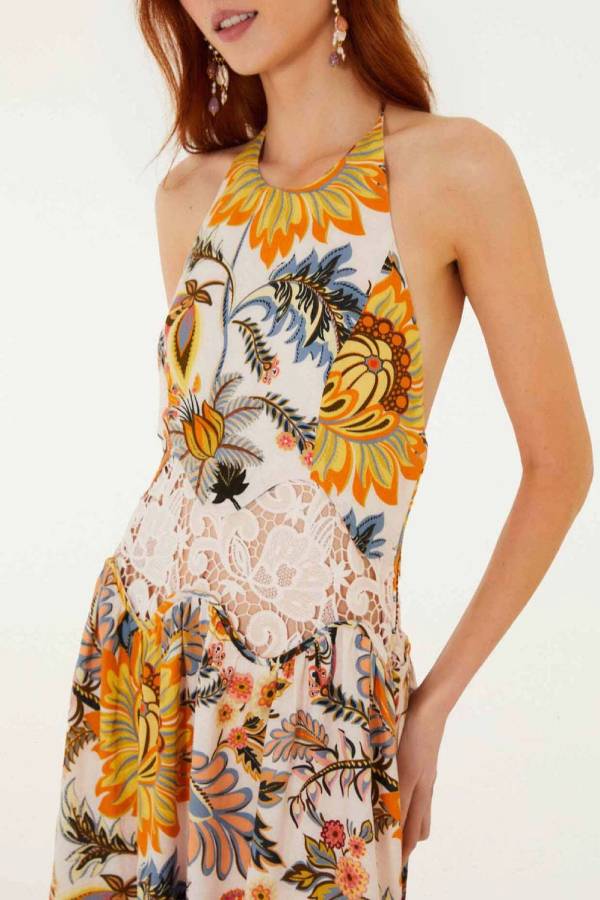 Halter Vintage Floral Lace Spliced Open‑Back Vacation Maxi Dress