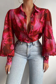 Retro Print Puff Sleeve Collared Shirt