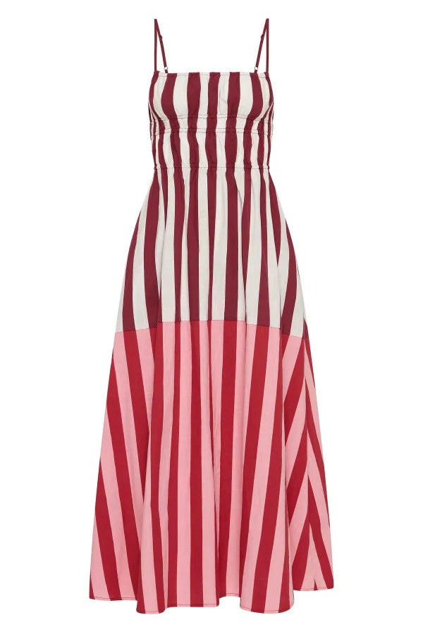 Striped Print Camisole Pleated Holiday Midi Dress
