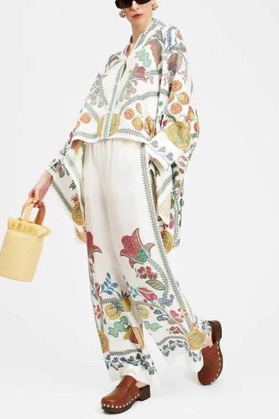 Fine Satin Floral Print Batwing Sleeve Pants Set - White