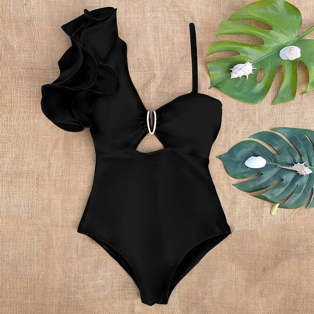 One-shoulder bodycon ruffled swimsuit