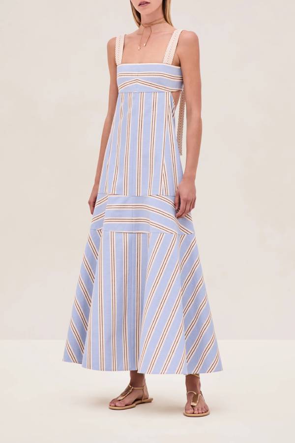 Talette Stripe Print Embroidered Wide Straps Back Cutout Maxi Dress