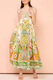 Summer Serenade Linen Blend Unique Print Tie-up Strap Smocked Pocketed Maxi Dress