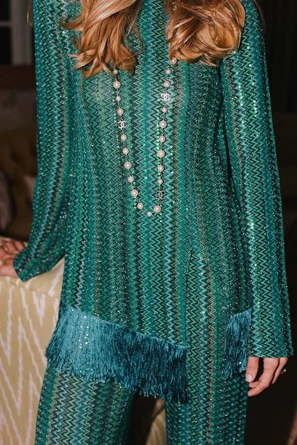 Relaxing Time Knit Zigzag Pattern Tassel Trim Slit Top and Wide Leg Pants Set