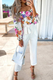 Off-shoulder puff sleeve printed waist-cinching top