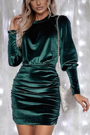 Green Velvet Puff Sleeve Ruched Bodycon Dress