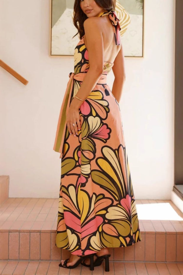 Unique Print Halter Neck Waist Tie Holiday Maxi Dress