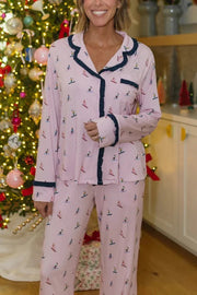 Postcards To Santa Unique Print Ruffles Trim Pocket Shirt and Elastic Waist Pajama Set