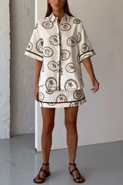 Resort Style Print Lapel Short Sleeve Shirt and Casual Mini Skirt Set