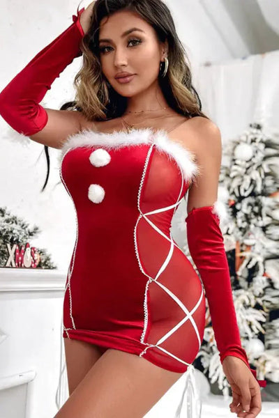 Christmas Fuzzy Trim Pom Pom Decor Babydoll With Thong & Gloves