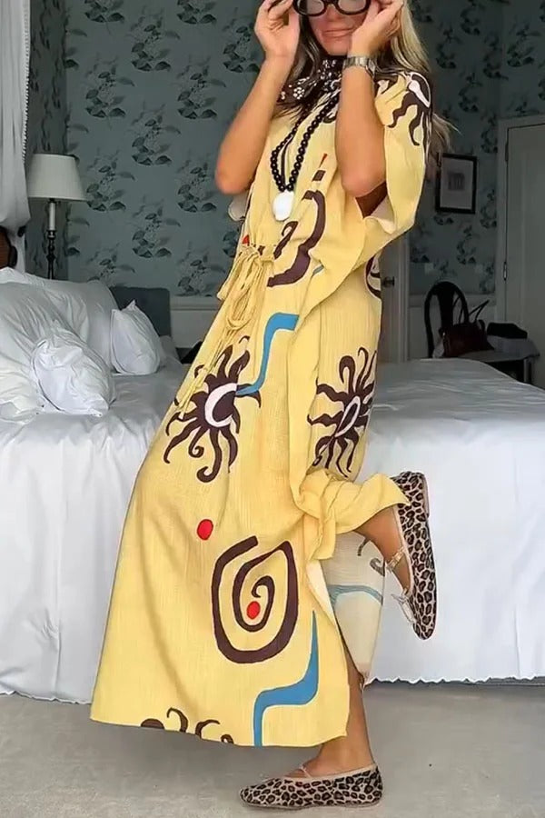 Helia Linen Blend Unique Print Drawstring Waist Kaftan Maxi Dress