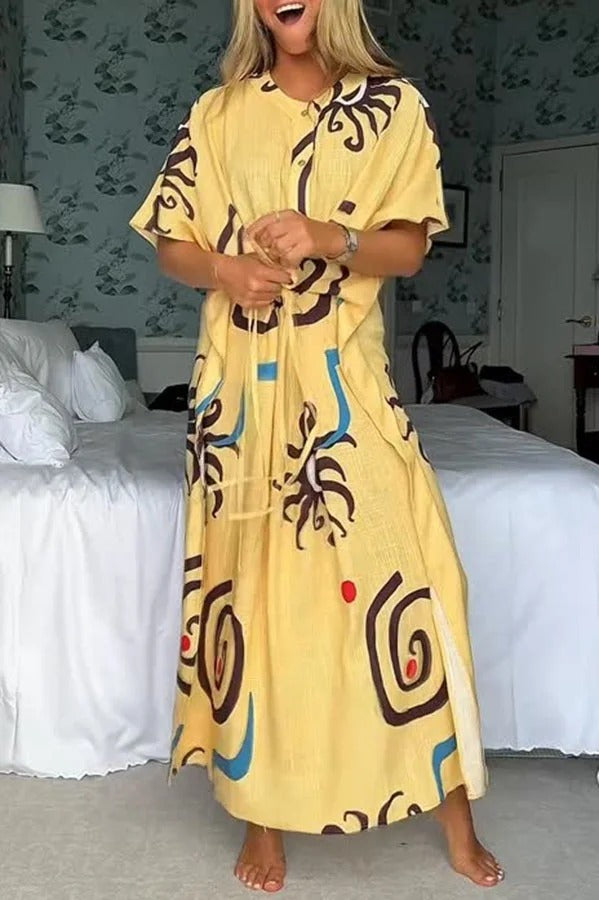 Helia Linen Blend Unique Print Drawstring Waist Kaftan Maxi Dress
