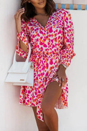 V-neck tie-up printed ruffle dress