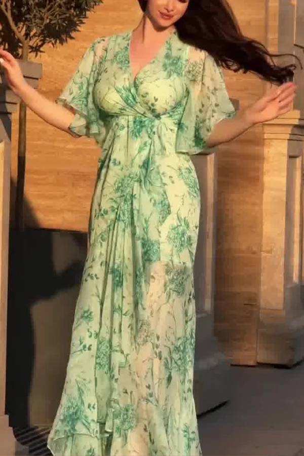 Retro V-neck trumpet sleeve printed dress