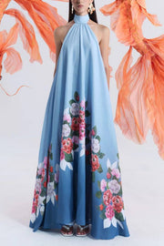Blooming Flowers Satin Printed A-line Halter Tie-up Maxi Dress