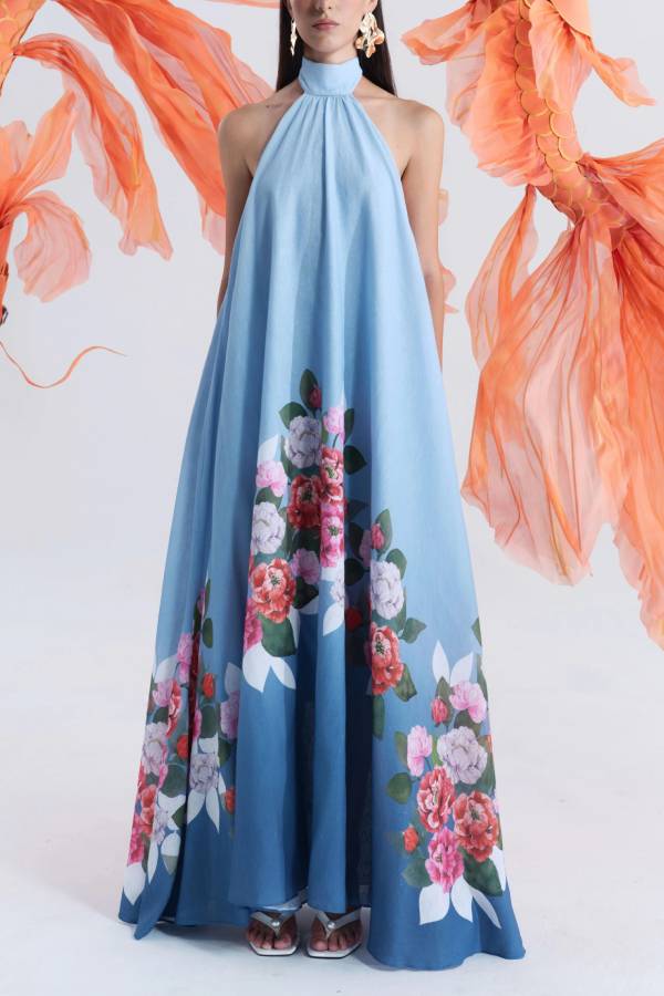 Blooming Flowers Satin Printed A-line Halter Tie-up Maxi Dress