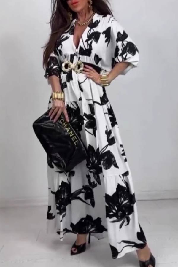 Floral print V-neck mid-sleeve fitted waist maxi dress