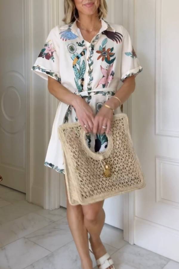 Floral Print Mini Dress Short Sleeve Shirt Dress