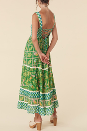 Unique Print Smocked Bust Back Lace-up Maxi Dress