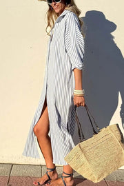 All-match Striped Button Up Half Sleeve Belted Pocket Shirt Midi Dress